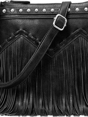 New Boho Fashion Fringe Crossbody Bag w Rivets Western Purse Leather Tassels